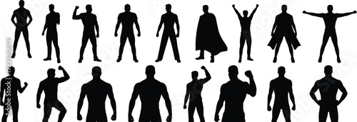 Male superhero silhouettes collection featuring powerful standing poses, flexing muscles and caped figures representing strength, leadership, heroism concept isolated on white background.