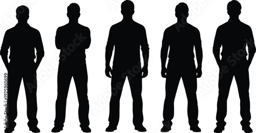 Male standing silhouettes set with confident poses isolated on white background, black human figure vector illustration collection for fashion, lifestyle and body language design