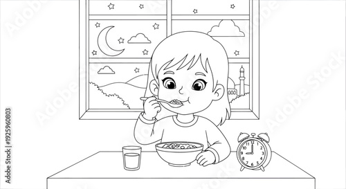 Child Eating Breakfast at Kitchen Window with Sunrise View