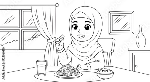 Cute Girl Wearing Hijab Enjoying Meal at Home