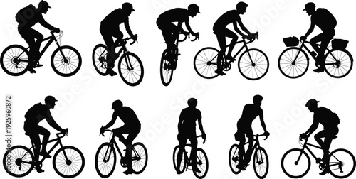 Set of cyclist silhouettes riding road bicycles in different positions representing racing, urban commuting, sports training and active lifestyle concept isolated on white background.