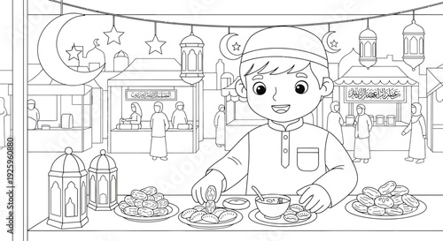 Child Enjoying Festive Market Stalls with Food and Decorations