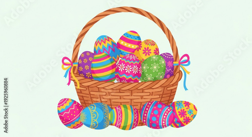 Colorful easter eggs in a wicker basket with ribbons on a light green background festive holiday decoration