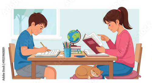 Children studying at home with cat books and globe on table learning and education concept