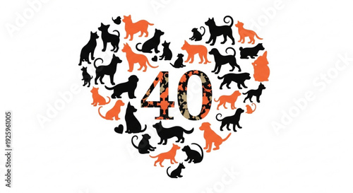 Heart shaped collage of black and orange cats surrounding the number 40 on white background celebrating feline love and friendship