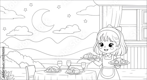 Cute Girl Breakfast Scene with Sleepy Moon and Clouds