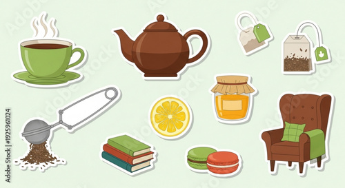 Cozy reading nook with tea books and macarons serene atmosphere soothing colors and comfortable armchair perfect for relaxation and unwinding