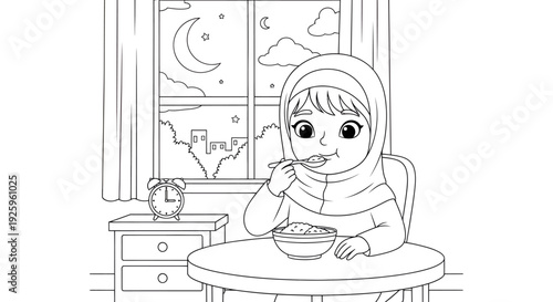 Young Girl Eating Breakfast at Kitchen Table in Morning Light