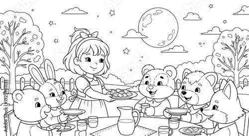 Cute Cartoon Children Enjoying Outdoor Picnic with Bears and Foxes
