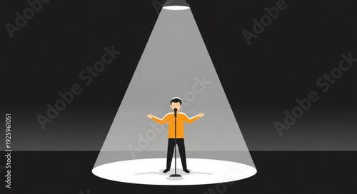 Man stands under spotlight with arms outstretched in dark room feeling isolated or exposed