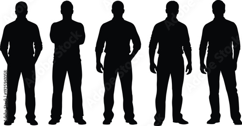 Set of male standing silhouettes with casual and confident poses isolated on white background, black human figure vector illustration collection for lifestyle and fashion design