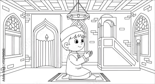 Child Boy Praying in Beautiful Mosque Interior Illustration