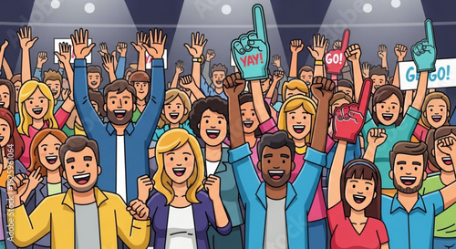 Diverse crowd of excited people cheering and raising hands in a stadium with spotlights showing enthusiasm and support