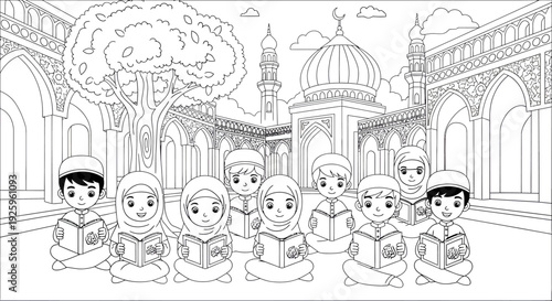 Children Reading Holy Quran Traditional Religious Scene