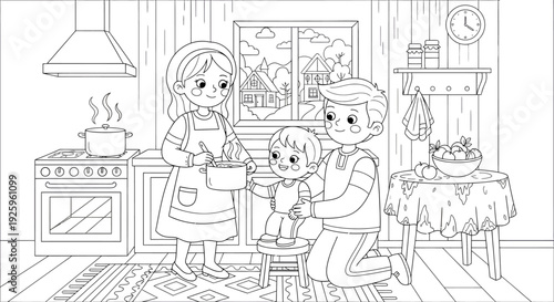 Cozy Family Kitchen Scene with Parents and Child