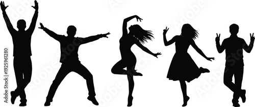 Silhouette collection of men and women dancing in energetic poses expressing celebration, rhythm, freedom, party lifestyle, entertainment atmosphere, social interaction, and joyful motion concept.