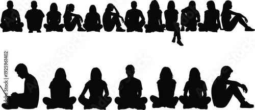 Silhouette collection of people sitting in different poses including relaxed, thoughtful, and working positions, representing lifestyle diversity, social gathering, meditation posture, teamwork, 