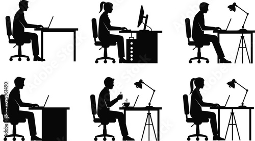 Silhouette collection of people working on computers at desks, representing office workflow, remote work environment, productivity tasks, business workplace routine,