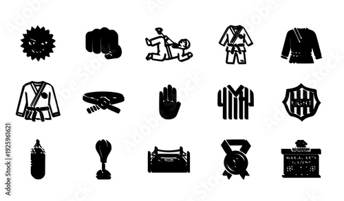 Self Defense Fight Sport Solid Vector Icons Karate Jiu Jitsu Set