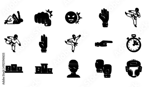Combat Sport Solid Glyph Icons Fighter and Self Defense Vector Set