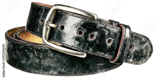 Shiny, textured black leather belt with a silver buckle