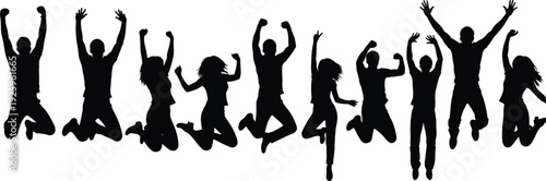 Silhouette group of people jumping with raised arms expressing happiness, freedom, celebration, teamwork spirit, youthful energy, success achievement, positive emotions, excitement, 
