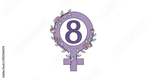 Purple female symbol with floral wreath and number eight for international women's day or feminine empowerment