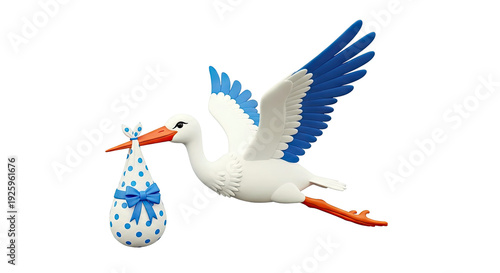 3D Rendered Stork Carrying Baby Bundle with Blue Polka Dots