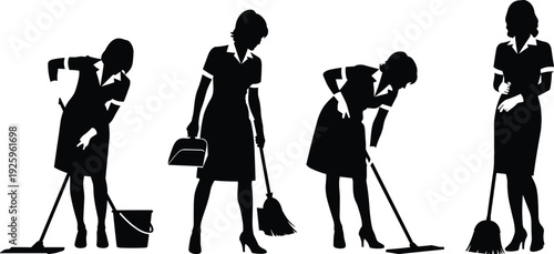 Silhouette collection of professional cleaning women using mop, broom, and bucket, representing housekeeping service, domestic work routine, sanitation staff, janitorial duties,