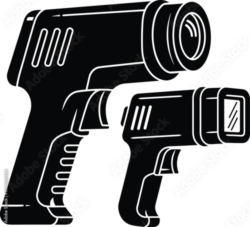 Silhouette illustration of infrared thermometer gun devices used for temperature measurement, representing medical screening equipment, contactless scanning technology, health safety checks, 