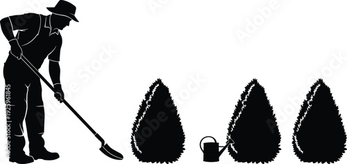 Silhouette of gardener digging soil beside shrubs with watering can, representing landscaping maintenance, garden care service, outdoor horticulture work, and plant cultivation concept.