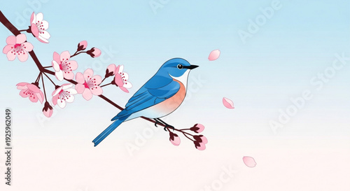Vibrant blue bird perched on cherry blossom branch with falling petals against soft gradient sky