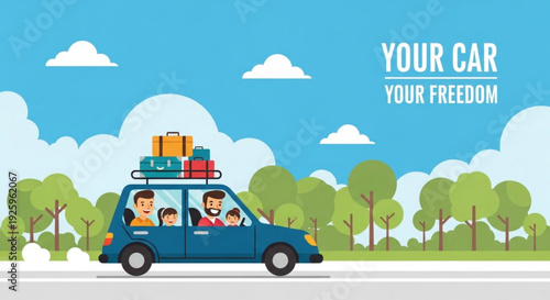 Family on road trip in blue car with luggage on top driving through green landscape under blue sky with clouds