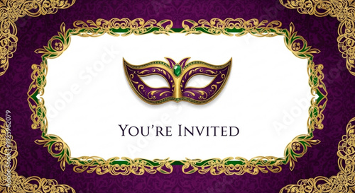 Mardi gras masquerade ball invitation card with purple and gold ornate design and you're invited text