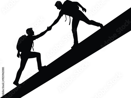 Silhouette of hikers climbing steep slope helping each other, representing teamwork support, outdoor adventure challenge, leadership guidance, partnership trust, 