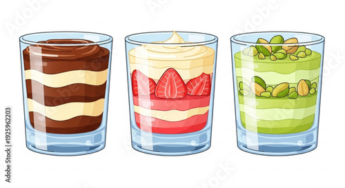 Three glasses of layered desserts with chocolate strawberry and green cream toppings on white background