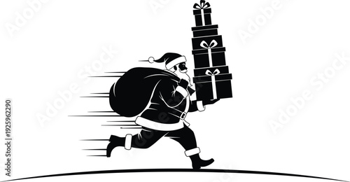 Silhouette of Santa Claus running with sack and stacked gift boxes, representing fast Christmas delivery, holiday shopping rush, festive season celebration, and joyful gift giving concept.