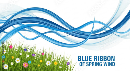 Vibrant blue ribbon waves above colorful spring flowers in lush green grass on white background