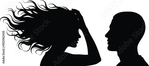 Silhouette profiles of man and woman facing each other with expressive hair motion, representing communication, relationship dialogue, emotional expression, interpersonal connection, 