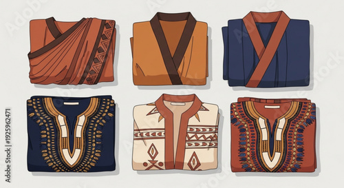 Vibrant dashiki shirts with unique patterns and designs on a clean background for fashion and cultural inspiration