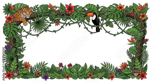 Tropical jungle frame with colorful flowers leaves toucan jaguar and monkey illustrations on white background for decoration and design