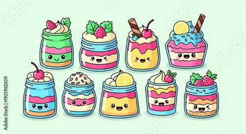 Colorful cartoon desserts in jars with smiling faces arranged on a light green background with various toppings and layers