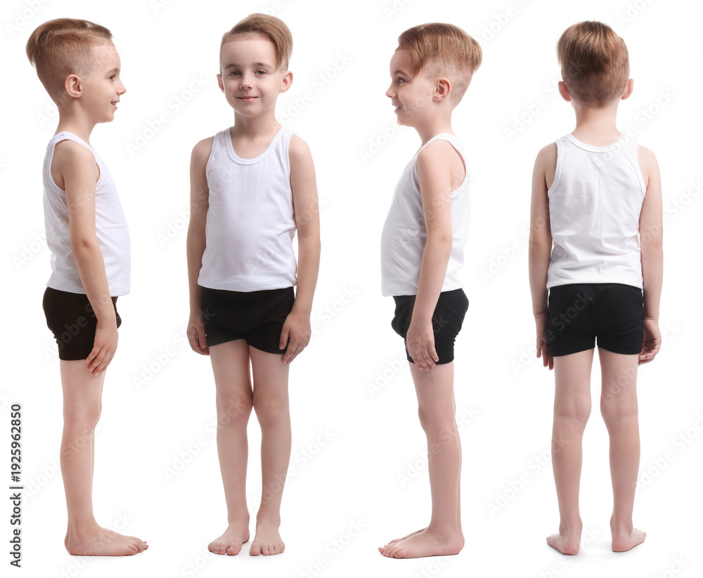 Obraz premium Little boy in underwear on white background. Collage with side, front and back views