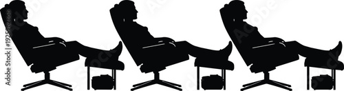 Silhouette set of people relaxing in reclining chair with footrest, representing comfort lifestyle, leisure time, relaxation therapy, furniture design, resting posture, and stress relief concept.