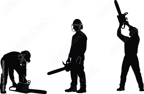 Silhouette set of workers using chainsaws wearing protective gear, representing forestry work, logging industry activity, wood cutting process, safety equipment, and professional lumberjack concept.
