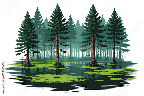 Serene forest landscape with tall pine trees and calm lake