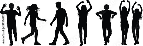 Silhouette set of young people dancing and walking with expressive body movements, representing party energy, social interaction, urban youth culture, celebration mood, and lifestyle motion concepts.