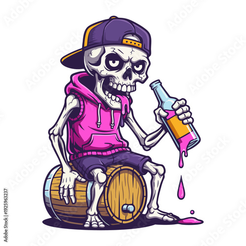 Cool Skeleton Streetwear Mascot Wearing Pink Hoodie and Cap Sitting on Barrel Vector