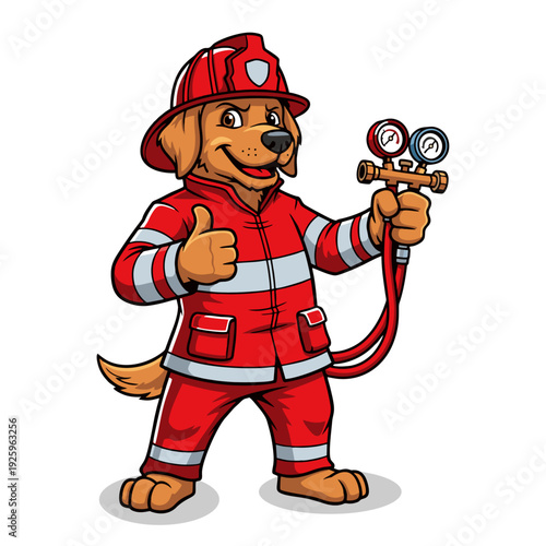 Golden Retriever Firefighter Mascot Character in Red Uniform Holding Equipment Vector