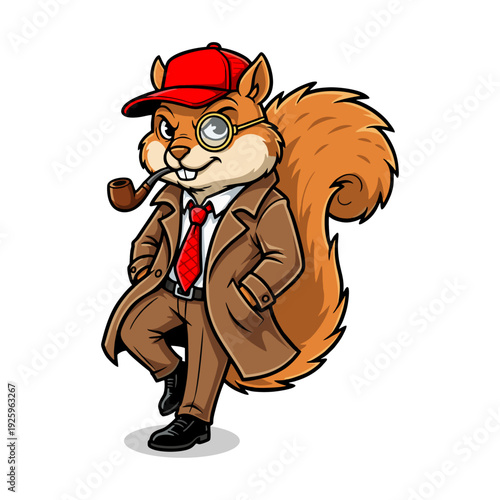 Squirrel Detective Character Wearing Trench Coat and Monocle Smoking Pipe Vector